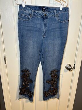 Blue denim jeans with brown/gold sequin embellishments by 24/7 Denim-size  12W